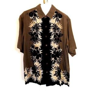 Carribean Mens Hawaiian Shirt Brown Black Floral Short Sleeve Silk Blend M